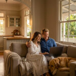 A happy couple in their late 30s to early 40s sitting close on their lounge, smiling, looking at their laptop. Their golden retriever is lying on the lounge next to them and the kitchen is in the background. The house is warm, cosy and light filled.