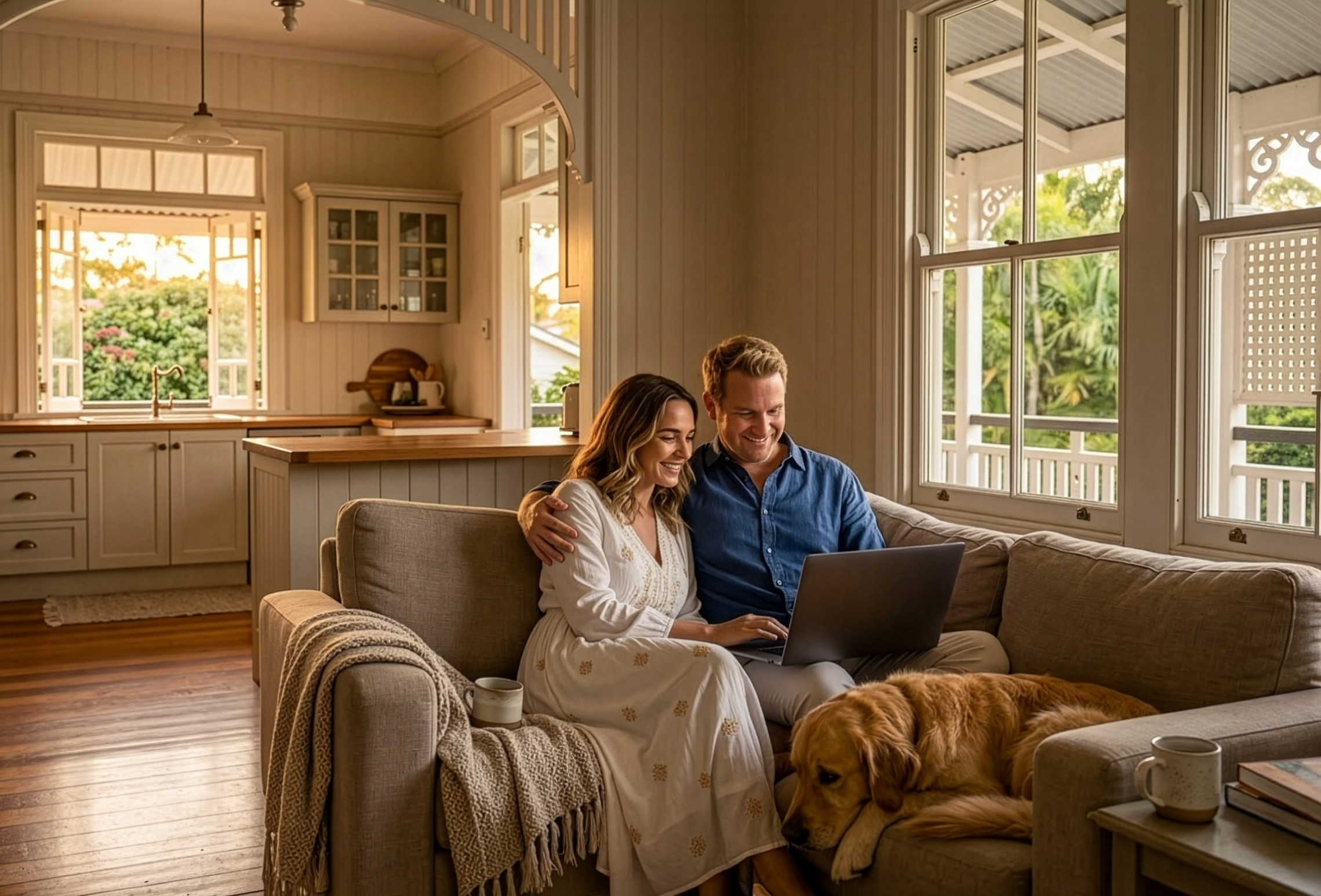A happy couple in their late 30s to early 40s sitting close on their lounge, smiling, looking at their laptop. Their golden retriever is lying on the lounge next to them and the kitchen is in the background. The house is warm, cosy and light filled.