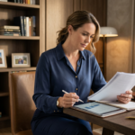 Woman sitting in home office reviewing documents and considering investment strategy
