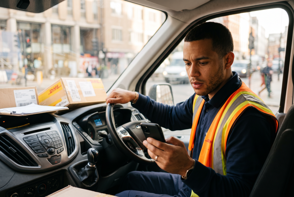 A man in his work van looking at his next job on his phone.